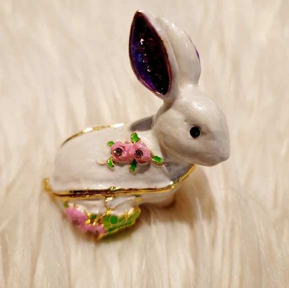 Bejeweled White Bunny Rabbit Hinged Metal Enameled Trinket Box - New
