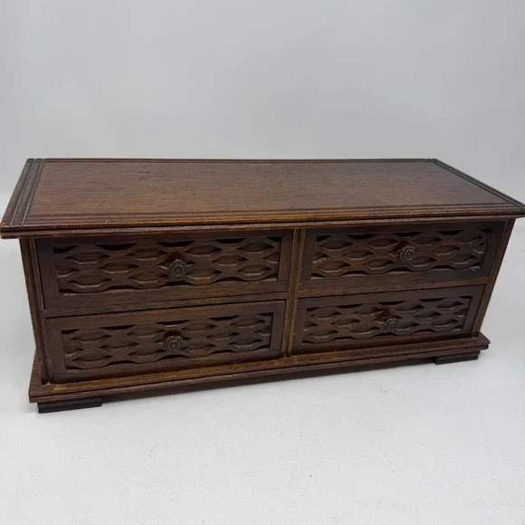 Vintage Japanese Wooden Jewelry Box 4 Drawer Lattice Front Red Velvet Music Box