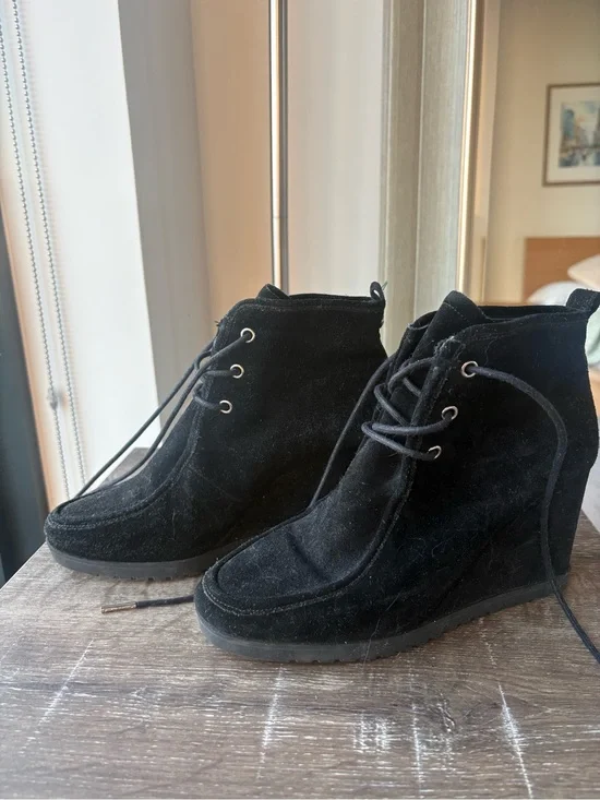 Michael Kors Black Suede Lace-Up Wedge Ankle Boots