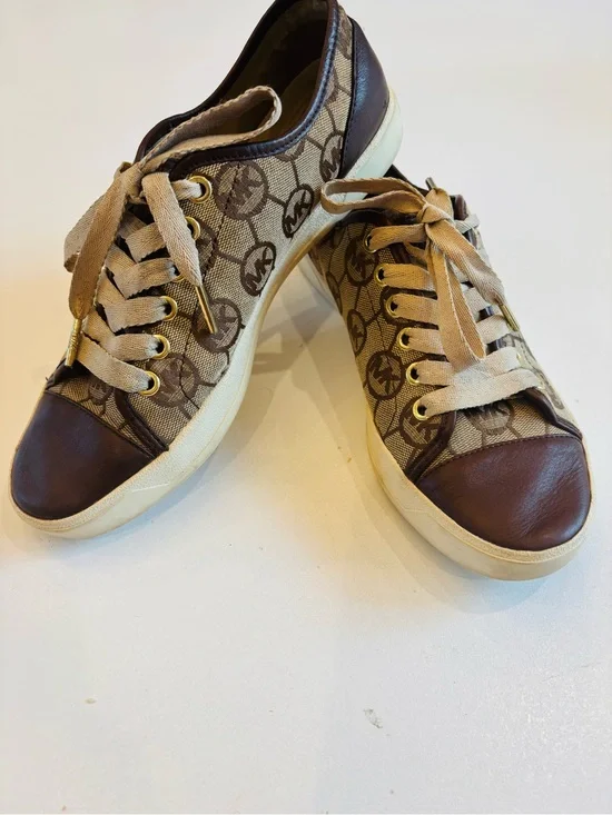 Michael Kors Beige Monogram Canvas Sneakers with Brown Leather Trim size 7.5