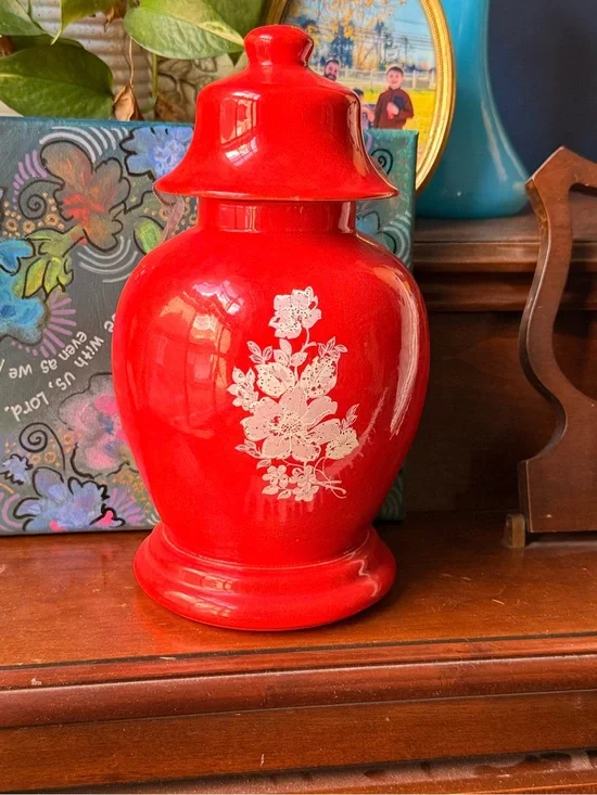 Vintage Red Floral Ceramic Ginger Jar - Decorative Home Accent