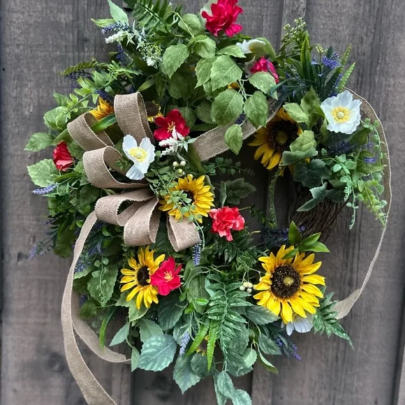 Yellow and Red Holiday Wreath with Rustic Charm spring summer fall wreath