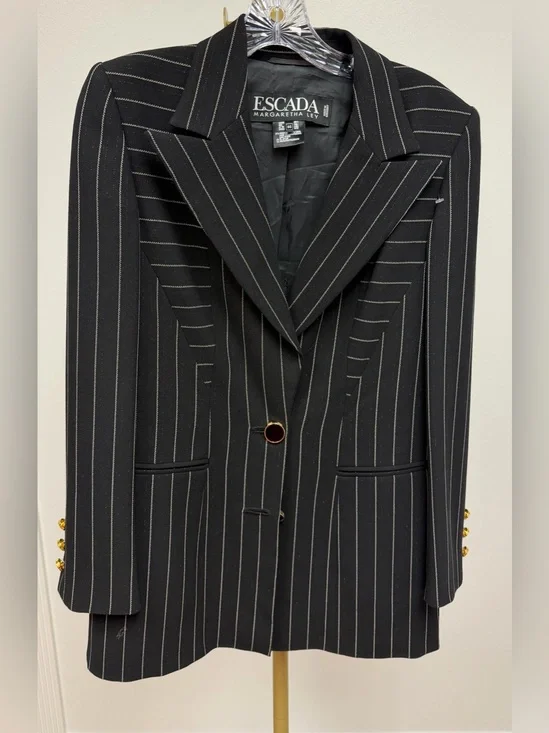Escada Black Pinstripe Blazer with Gold Buttons Size 36