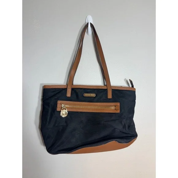 Michael Kors Black Nylon Tan Leather Trim Tote Bag Gold MK Logo Padlock‎ Charm