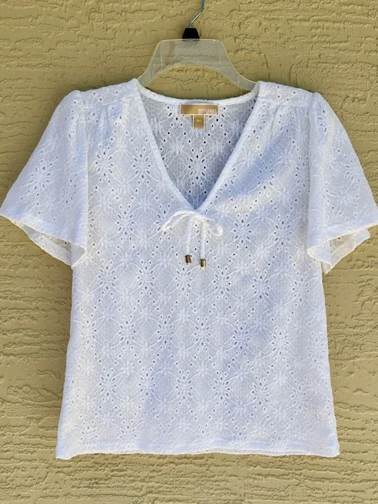 Michael Kors White Cotton Eyelit Tie-Front Blouse, Size SP