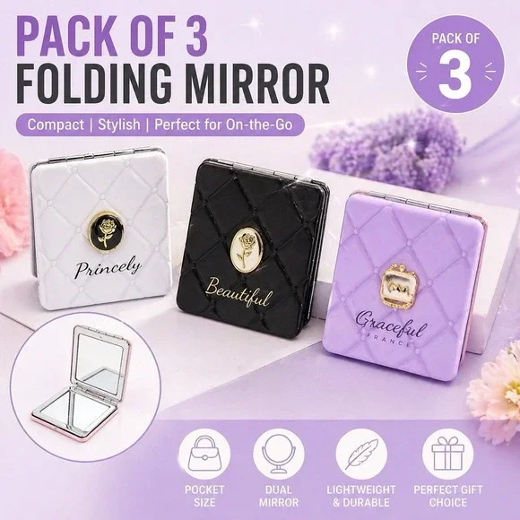 3 Pack Folding Compact Mirror Portable Pocket Makeup Dual-Sided Travel Gift