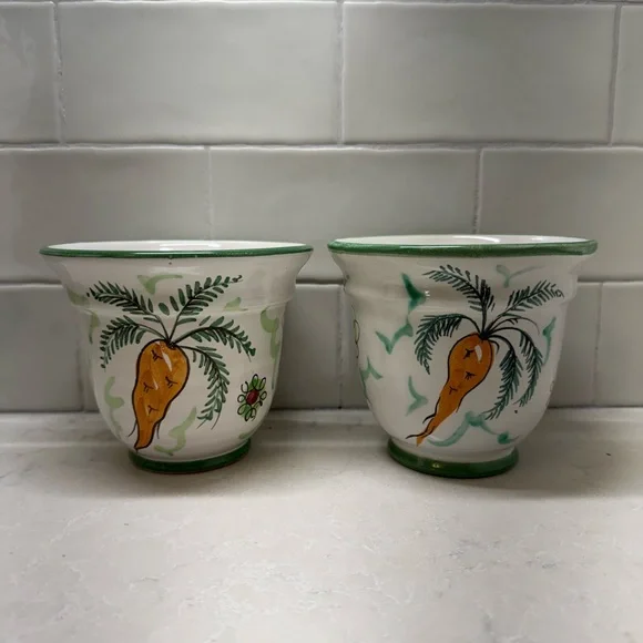 Pair of Italian Hand-Painted Planters with colorful vegetables design.