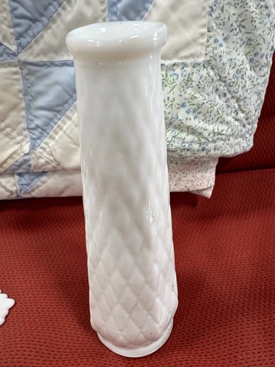 Vintage E.O. Brody White Milk Glass Bud Vase, Diamond Quilted Pattern