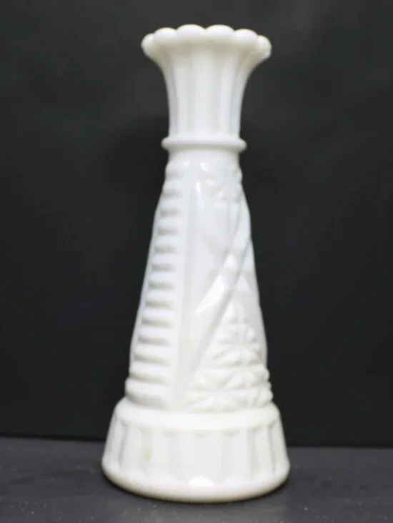 White Milk Glass Vase Diamond Ribbed Pattern 6.5