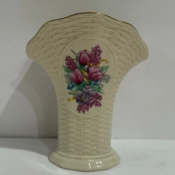 Lenox Springtime Bouquet Ivory China Basketweave Floral Fan Vase Gold Trim USA