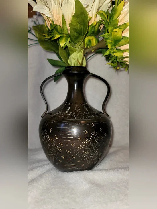 Vintage Solid Brass Amphora Vase Black Finish & Etched Designs