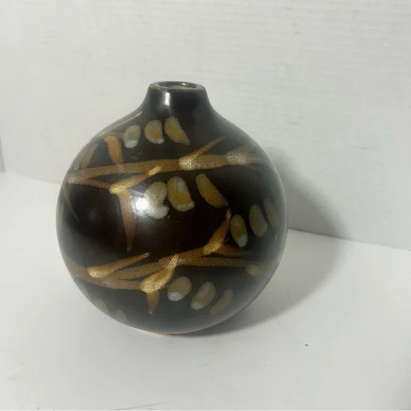 Studio Art Pottery Decorative Floral Round Abstract Vase Folk Art Rustic