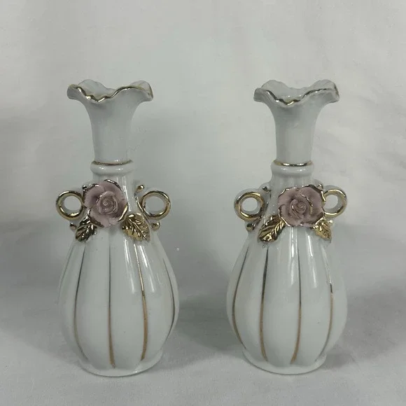 Vintage Pair Miniature Porcelain Bud Vases Pink Applied Roses Gold Trim 5