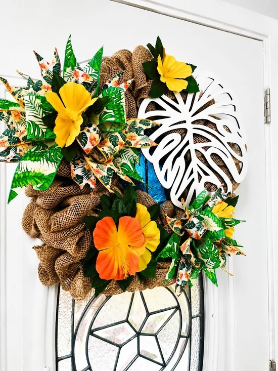 Handmade Tropical Summer Wreath Hibiscus & Monstera Front Door Decor