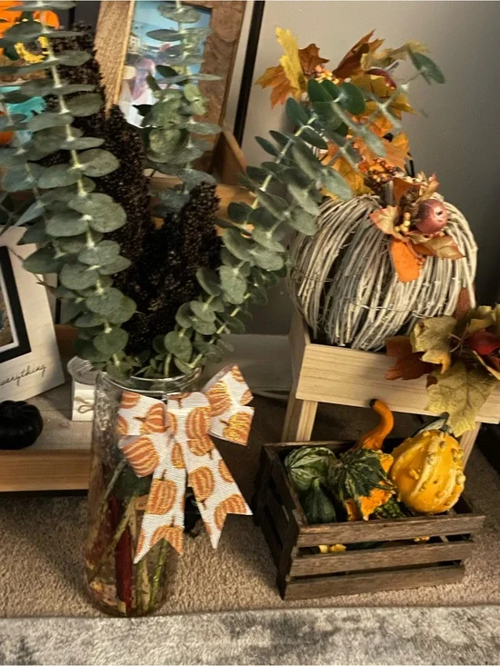 Autumn Eucalyptus Faux Arrangement with Pumpkin Bow - Green