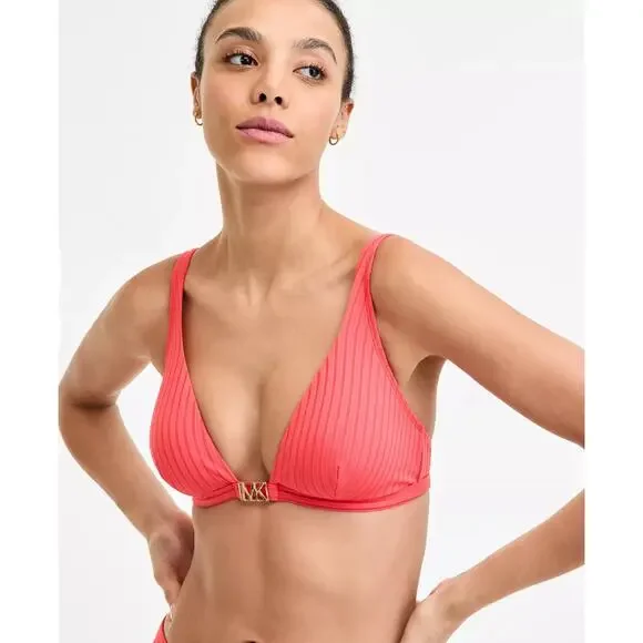 MICHAEL Michael Kors Women's Hardware V-Neck Bikini Top Sangria Size M 2483