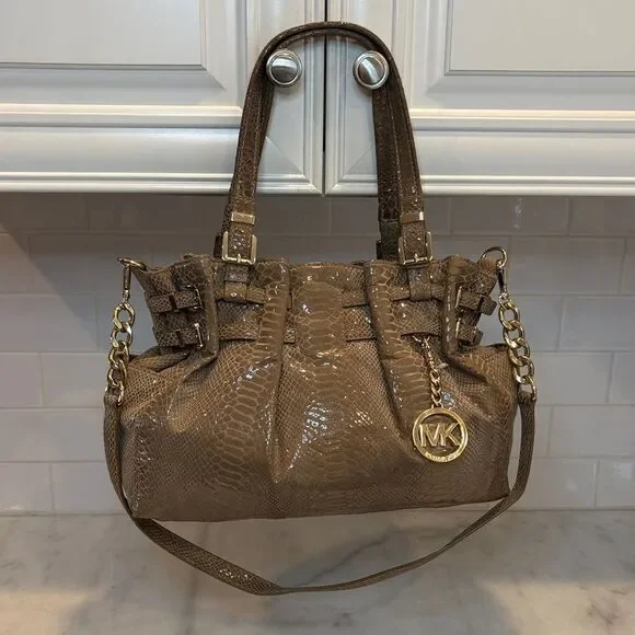 Michael Kors Bag Purse Handbag Edie Python Snakeskin Leather Buckle Shoulder