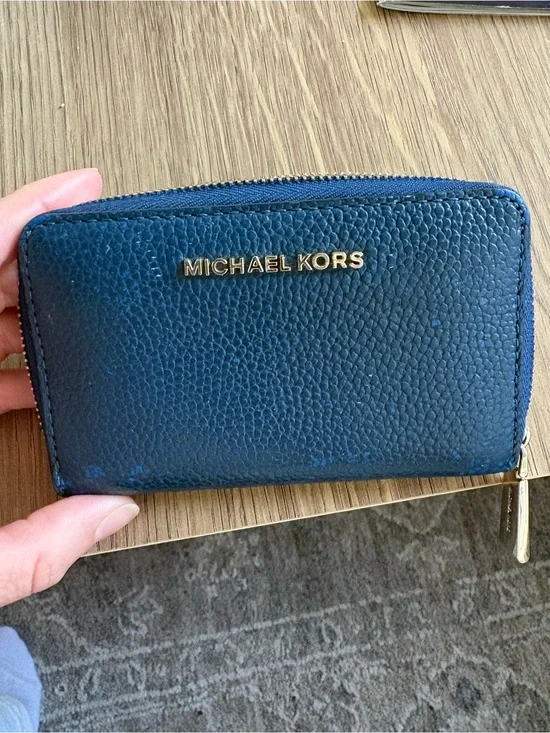 Michael Kors Pebbled Navy Leather Zip Card Holder with Gold Logo