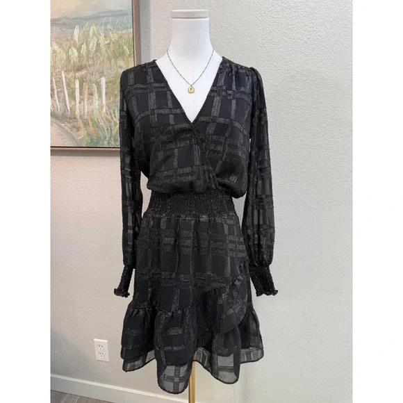 Michael Kors Black Silver Metallic Plaid Smocked Waist Ruffle Mini Dress S