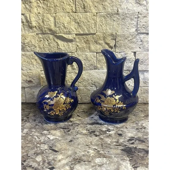 Vintage Chadwick Mini Cobalt Blue And Gold‎ Floral Bud Vases Porcelain Set of 2