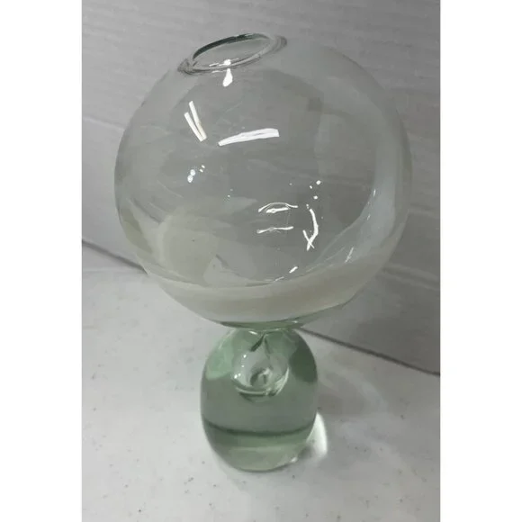 Double Round Vase Green with White Design Rare Vase Style Weighted Bottom