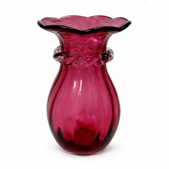 Vintage Cranberry Pink Art Glass Vase Ruffled Rim Clear Rigaree Optic Rib 6.5