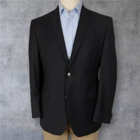 ALFANI Mens Blazer Sport Coat Two Button Jacket 46R Black Lightweight WOOL Suits