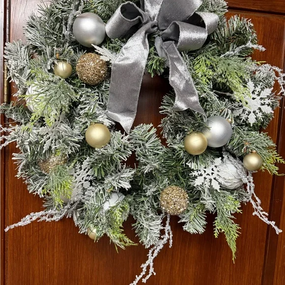 Elegant Silver and Gold Holiday frosted pine Wreath