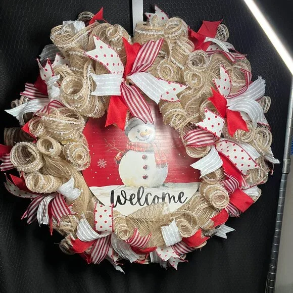 Welcome Snowman Deco Mesh Wreath Red and Beige