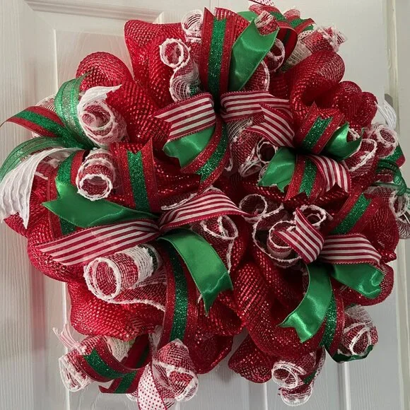 Christmas Ribbon Candy Wreath Made of Deco Mesh
