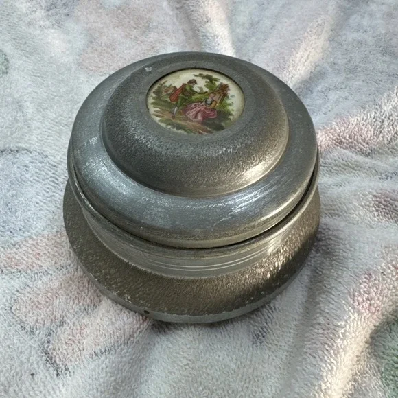Antique Pre Reuge Music Box Musical Powder Puff Metal Case with Porcelain Inlay