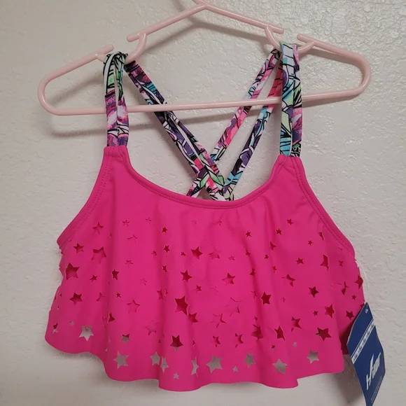 Girls Hilor Hot Pink Star Cutout Swim Top with Printed Straps