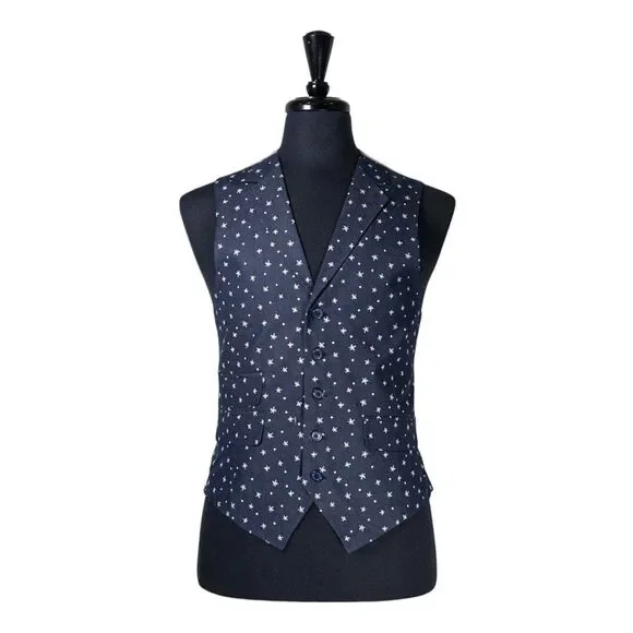 Mens Vest 40R Blue Novelty Denim Cotton Waistcoat Business Casual Formal Wedding
