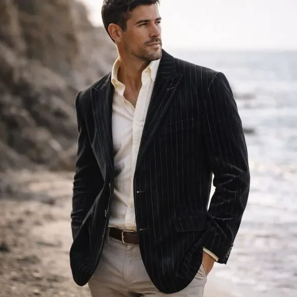 Vtg Velvet XL Black Pinstripe Blazer Tailored Sport Coat Classic Formal Wedding