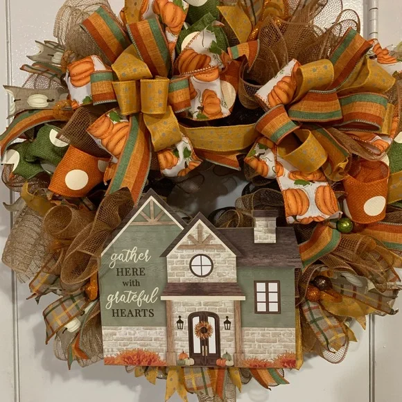 Hand Crafted Festive Wreath with Orange and Green Accents
