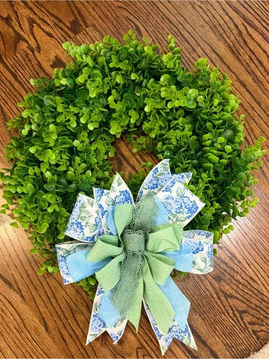 Green Boxwood Wreath with Blue Floral Bow - Home Holiday