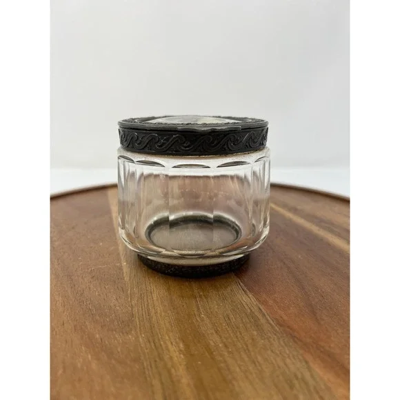 Antique Glass Jar Ornate‎ Metal Lid Portrait Miniature Art Deco Vanity Container