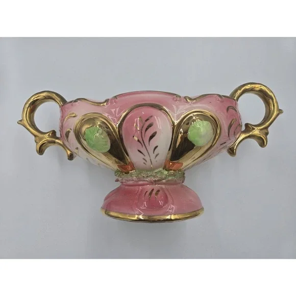 Vintage Ornate Pink & Gold Pedestal Vase Double Handled Centerpiece Bowl 10