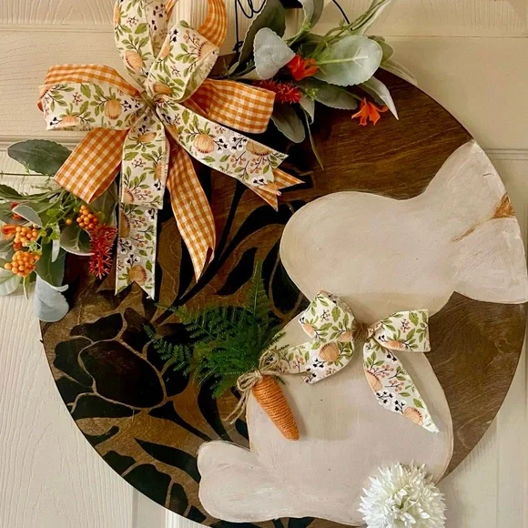 New 18 Inch Round Wood Easter Spring Door Hanger Bow Florals Indoor/Outdoor