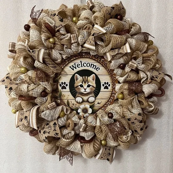 Cat Welcome Wreath with Burlap Accents