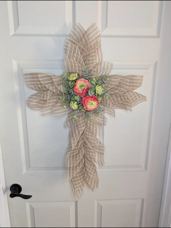 Neutral Burlap Cross Wreath with Pink and Green Flowers