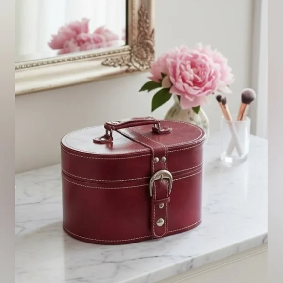 Vintage Style Faux Leather Burgundy Oval Storage Case Contrast White Stitching