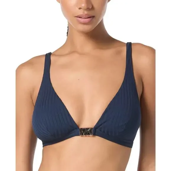 MICHAEL Michael Kors Women's Ribbed Hardware V-Neck Bikini Top Navy Size M 2479