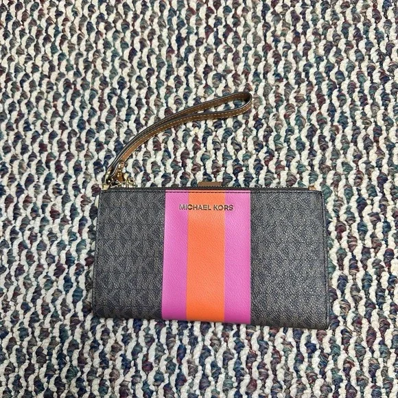 Michael Kors Jet Set Travel Double Zip Wristlet Wallet Brown Pink Orange Stripe