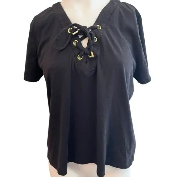 Michael Kors Ladies XL Black LaceUp V Neck Blouse T Shirt Short Sleeve Top
