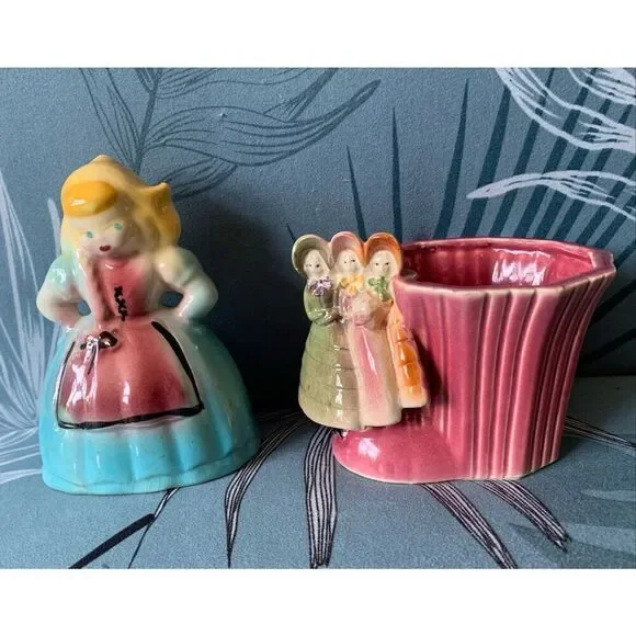 2 Dutch Girl Planters Vase Ceramic Vintage MCM Retro Art Deco