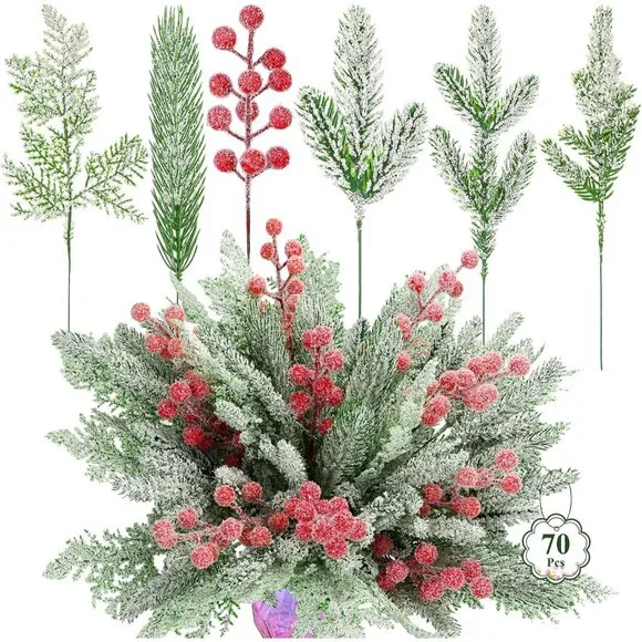 Versatile 70PCS Christmas Artificial Pine Branches with Red Berries for Crafts