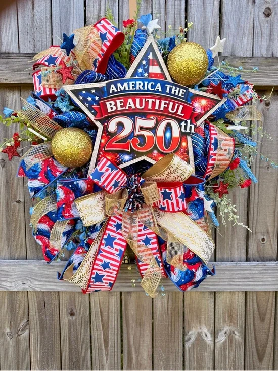 Hand Crafted Patriotic Wreath - Red, Blue, Gold