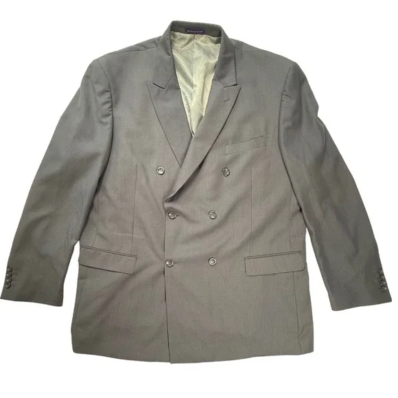 Vinci Mens Gray Double Breasted Blazer Suit Jacket 50L Peak Lapel Professional