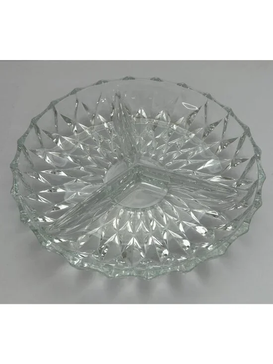 Vintage MCM Clear Glass Divided Makeup Trinket Serving Dish Diamond Pattern Glam